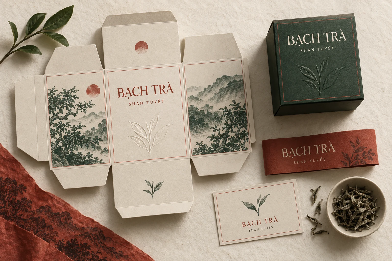 Bản trải hộp, đai giấy và thẻ trà Bạch Trà